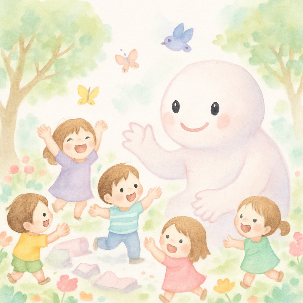 무너진 담과 함께 아이들과 거인이 정원에서 행복하게 노는 마지막 장면